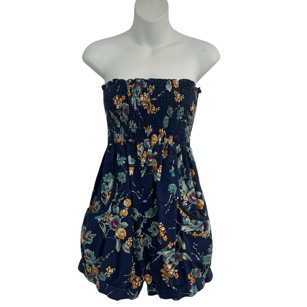 Blue Floral Strapless Romper with Pockets in Size Medium